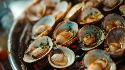 Grilled cockles seafood on charcoal with herbs and sauce showcasing vibrant cooking process and delicious presentation.