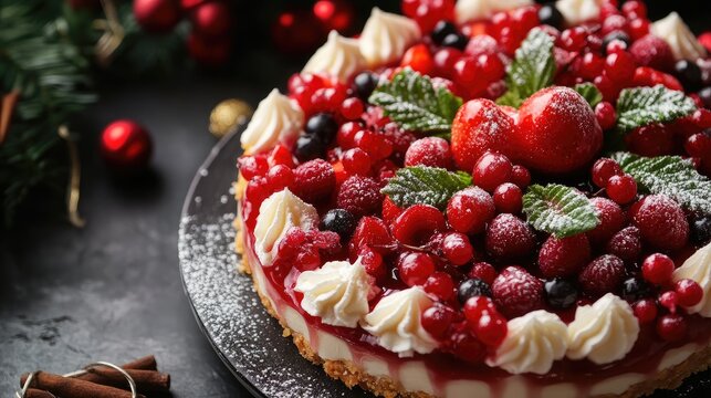 Festive close-up of a berry-topped pie on a dark background with decorative foliage perfect for holiday celebrations and seasonal themes