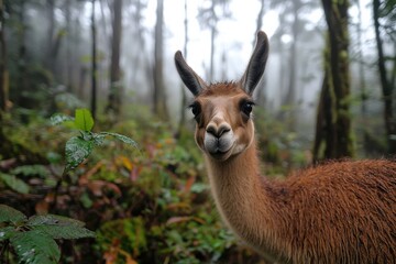 Obraz premium A charming capybara gazes curiously at the camera amidst a dense, foggy forest, showcasing the beauty and serenity of nature with lush vegetation surrounding it.