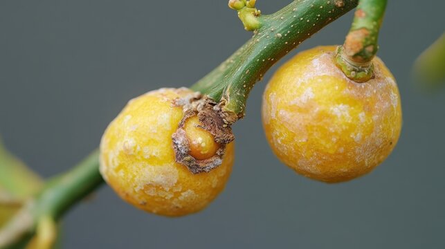 Citrus canker disease manifestations on stem and fruit highlighting symptoms and infection in affected citrus plants.