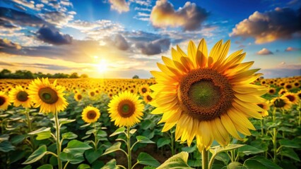 Obraz premium Golden Sunflowers Blooming at Sunset in a Vast Field