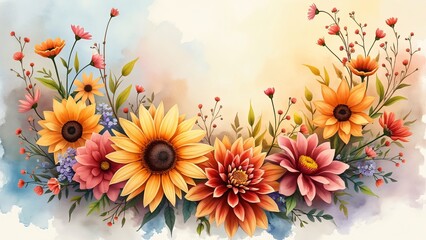 Vibrant Autumnal Watercolor Floral Wreath, Sunflowers, Dahlias, Cosmos in a Golden Sky