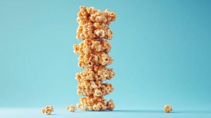 Caramel popcorn tower against a pastel blue background showcasing a delightful snack treat for desserts and movie nights