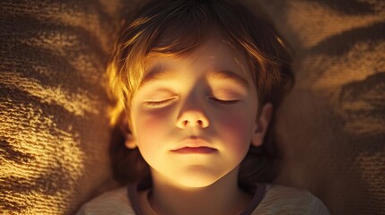 Serene child with closed eyes resting peacefully in twilight ambiance softly illuminated by golden hour light