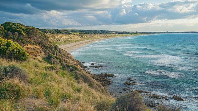 Coastal Landscape with Sandy Beach and Turquoise Waters under Dramatic Sky in Beachport Region