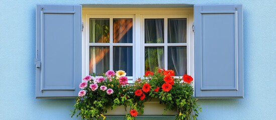 Charming vintage house window with colorful flowers creating a warm and inviting atmosphere perfect for home decor and gardening themes