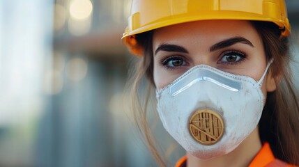 Fototapeta premium Female engineer in protective gear inspecting construction site for safety and contamination readiness before commencing work.