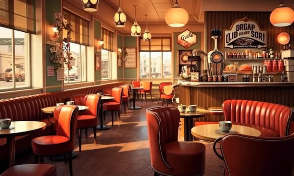 Retro diner interior with booths, tables, chairs, and a counter.