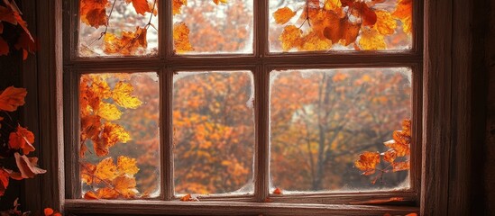 Autumn foliage encasing a serene window scene with warm hues reflecting the beauty and warmth of the fall season