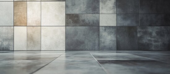 Ceramic tiles arranged on the floor in preparation for vertical wall installation with a modern and minimalist design aesthetic