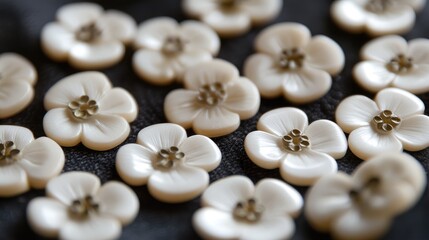 Delicate white flower coat buttons arranged aesthetically on a textured dark surface showcasing intricate design and craftsmanship.