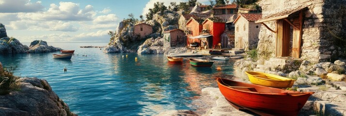 Obraz premium Picturesque Coastal Village Houses Boats And Sea