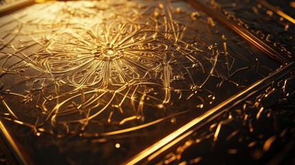 Intricate golden ornament with delicate lines and glowing accents, creating a modern abstract feel.