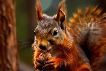 Obraz premium Close-up of a squirrel nibbling on a nut,