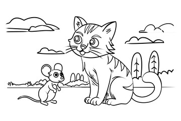 black line art of cat and mouse vector