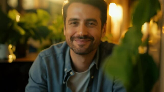 Smiling man looking directly at the camera with a warm, friendly expression in a cozy indoor setting, evoking trust and approachability.