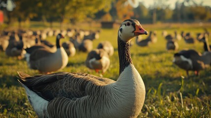 Obraz premium Close up of free range geese foraging in lush pasture with a herd in the background on a sunny day in a serene rural environment