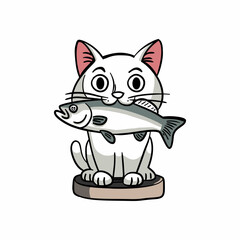 A cat by sitting with a fish in its mouth