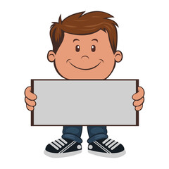 schoolboy children holding blank paper board or poster. Vector of boy holding board signs or placards with empty space templates for text, banners, and ads.