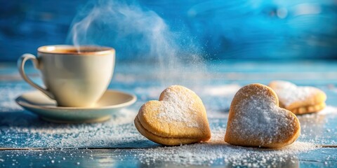 Sweet Heart-Shaped Cookies and Steaming Cup of Coffee on a Blue Table