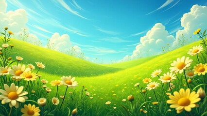 Vibrant Panoramic Meadow Landscape, Sun-Drenched Green Hills, Blooming Yellow Daisies, Whimsical Cartoon Style