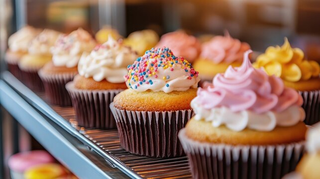 Deliciously decorated cupcakes with vibrant frosting and sprinkles displayed in a bakery showcase enticing sweet treats for dessert lovers.