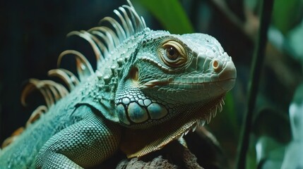Fototapeta premium Detailed close-up of a vibrant green iguana showcasing its textured skin and striking features in a natural habitat setting.