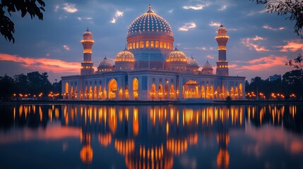 Illuminated mosque reflected in calm water at sunset. (1)