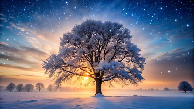 A majestic tree stands tall in a winter wonderland, its branches heavy with snow, as gentle flakes fall around it in a serene evening scene , winter landscape - Powered by Adobe
