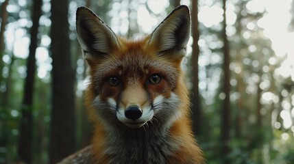 Obraz premium Close up Portrait of a Serious Fox in a Summer Forest Setting Surrounded by Trees and Soft Natural Light