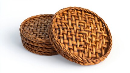 Obraz premium Rattan coasters stacked in an artistic arrangement showcasing their intricate woven design on a clean white background