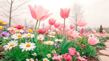 Obraz premium pink tulips in the garden, summer spring flowers
