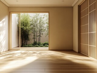 Fototapeta premium A room with a wooden floor and a sliding door. The door is open to a courtyard with trees