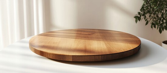 Round wooden tabletop on a bright kitchen surface ideal for product photography and creative presentations in a modern setting