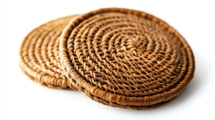 Rattan coasters handcrafted in natural weave on a white background ideal for home decor and dining table accessories