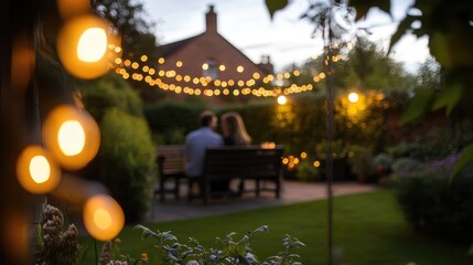 Intimate evening scene of a couple on a garden bench surrounded by fairy lights creating a romantic atmosphere in an outdoor patio