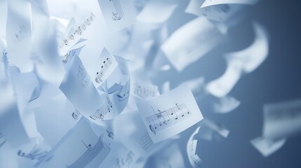 Floating sheets of musical notes create a dynamic and artistic display in a creative workspace