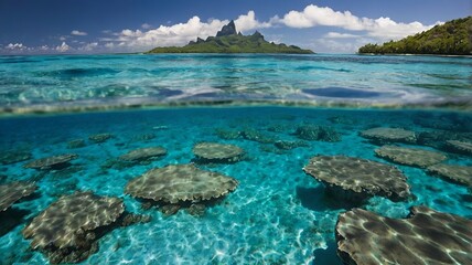 Vibrant coral reef in turquoise waters, Bora Bora, French Polynesia. Exotic marine paradise.