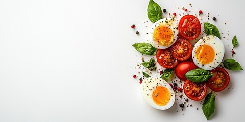 Colorful slices of tomatoes and boiled eggs garnished with fresh basil on a clean white background