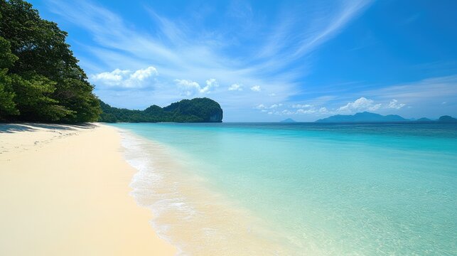 Tropical paradise serene sandy beach with clear turquoise waters and lush greenery under a bright blue sky