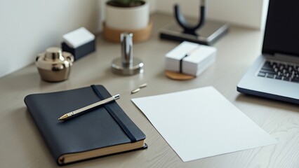 Modern Workspace, Elegant Notebook, Pen, Blank Paper, Laptop & Office Supplies on Desk