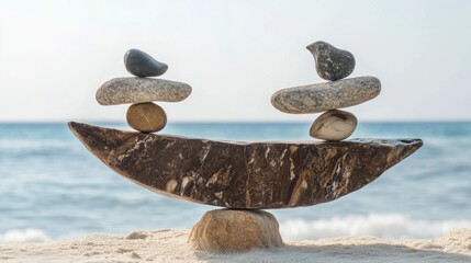 Balanced stones creating equilibrium on sandy beach with sea in background symbolizing harmony and tranquility in nature.