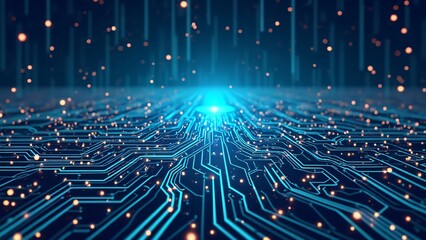 Abstract Futuristic Circuit Board, Glowing Blue Lines and Orange Nodes, Digital Technology Background