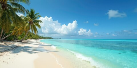 Tropical Paradise: Palm trees sway gently in the balmy breeze, their fronds reaching towards a cloudless sky as turquoise waters lap at the pristine shores of a secluded beach.