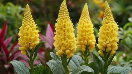 Vibrant yellow cockscomb flowers in full bloom showcasing stunning vertical clusters in a lush garden setting.