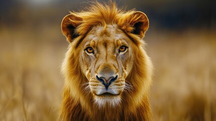 Fototapeta premium Regal close up of a majestic lion showcasing its intense gaze and vibrant mane in a natural environment.