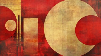 Layered abstract Chinese festive art with geometric red and gold patterns, reflecting balance and prosperity.