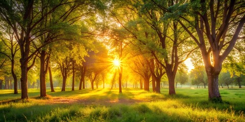 Warm sunlight filtering through trees on a serene summer day, creating an abstract background with vibrant colors and gentle light effects, summer landscape, sunrise in the forest