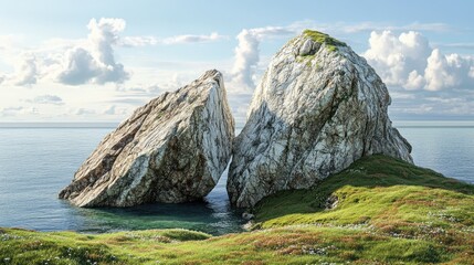 Breathtaking coastal landscape featuring dual large rocks emerging from tranquil waters under a serene sky