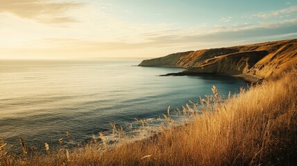 Tranquil Coastal Landscape at Sunset Over Calm Waters with Lush Grass in the Foreground